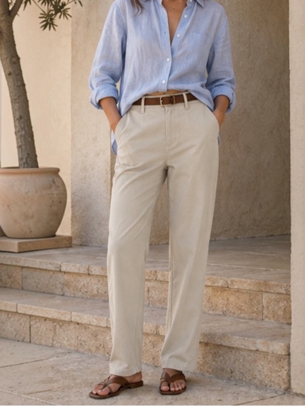 AG Adriano Goldschmied Caden Straight Leg Trouser Stone Tan Cotton Modal